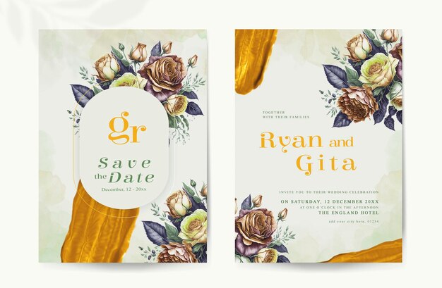 Psd beautiful floral wedding invitation card with green gold background