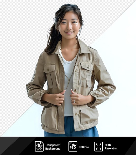 PSD psd beautiful korean woman in casual jacket and blue shorts posing for a picture accessorized with a silver necklace and brown hair while her hands are visible in the foreground png psd