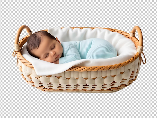 Psd beautiful newborn baby sleeping basket on isolated premium psd