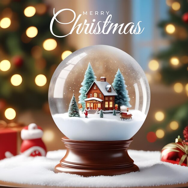 Psd красивый реалистичный кристально чистый снежный шар на столе, украшенный рождественскими элементами