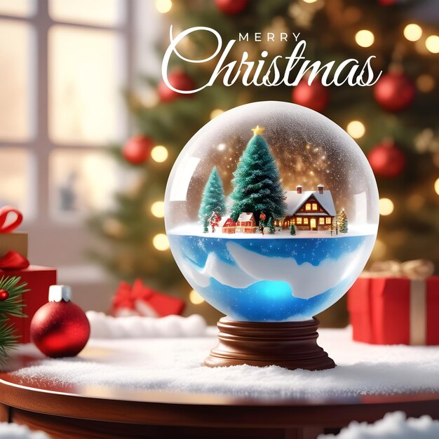 PSD psd beautiful realistic crystal clear snow globe on the table decorated with christmas elements