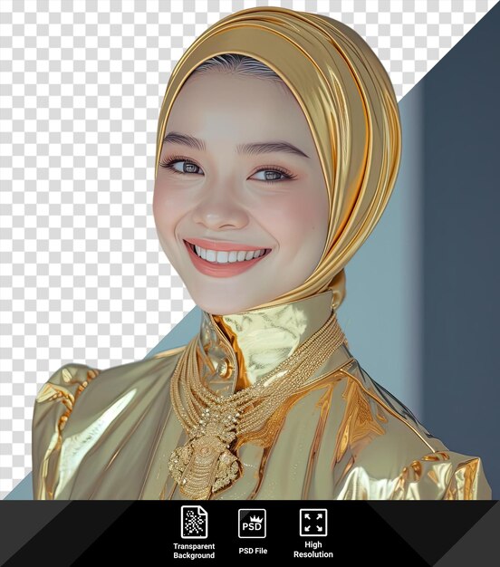 Psd bellezza indonesia hijab donna secondo anno un primo piano del viso di una donna con occhi marroni e blu un naso piccolo e un collo dorato