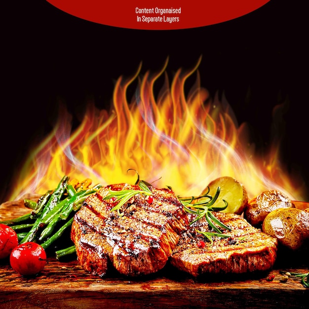 PSD Beef BBQ Steak met vuurvlammen geïsoleerd op transparante achtergrond