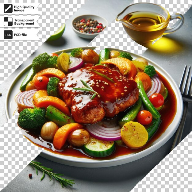 Psd beef steak with vegetables on transparent background