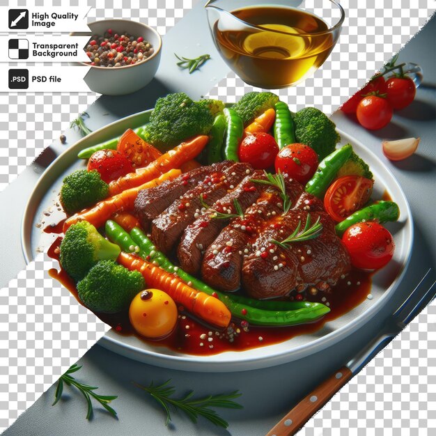 PSD psd beef steak with vegetables on transparent background