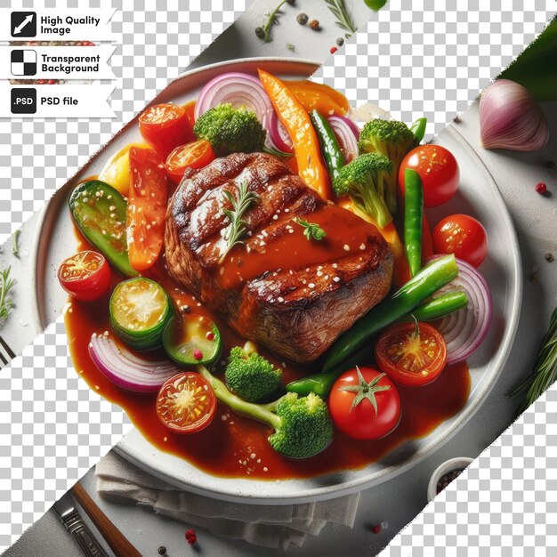 PSD psd beef steak with vegetables on transparent background