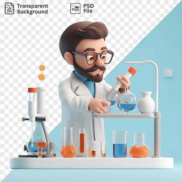 PSD psd beeld 3d wetenschapper cartoon het uitvoeren van baanbrekende experimenten in een laboratorium