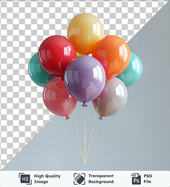 PSD psd beeld ballobunch ballonnen van verschillende kleuren, waaronder rood oranje geel paars en blauw vliegen in de lucht met een gele snaar zichtbaar op de voorgrond