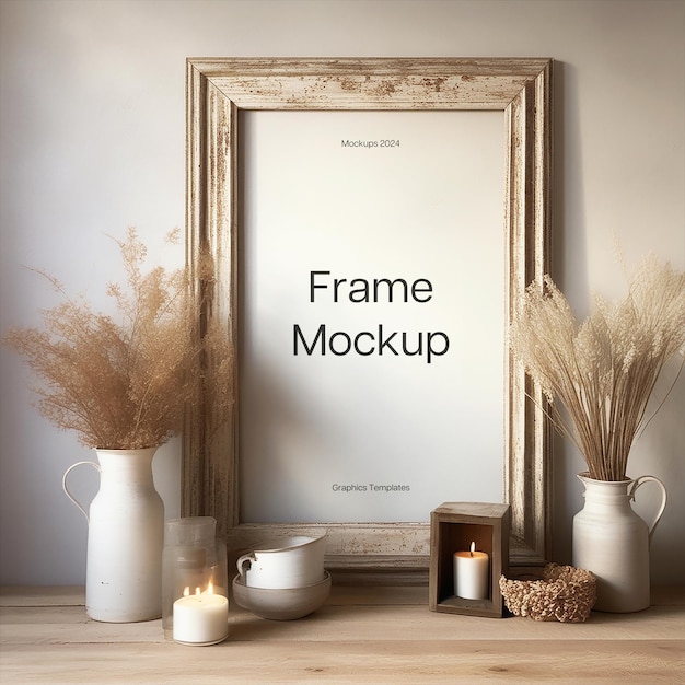 PSD psd beeld houten frame mockup met zonsopgang schaduw overlay door witte muur op houten tafel en vaas