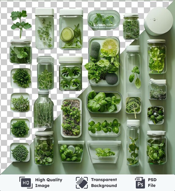 PSD psd beeld indoor hydroponische tuin set met een verscheidenheid aan planten en containers, waaronder een heldere glazen container een groene en witte container en een witte containers gerangschikt op een witte