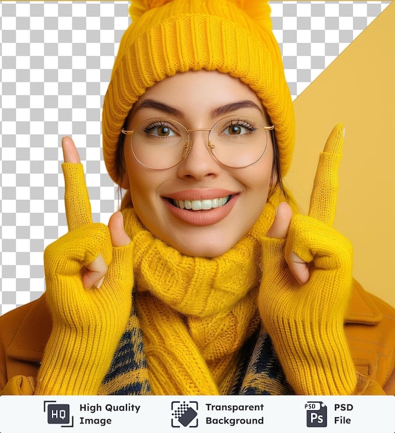 PSD psd beeld portret van stijlvolle mooie glimlachende vrouw met sjaal en winter gele hoed wijst zijn vingers omhoog op copy space reclame concept