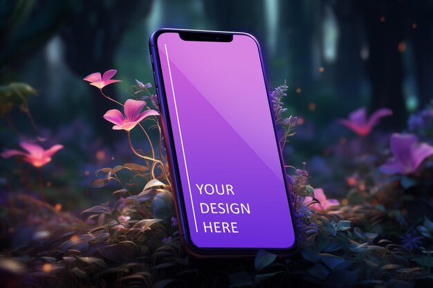 PSD psd-bestand smartphone screen mockup in de achtergrond van fantasy forrest