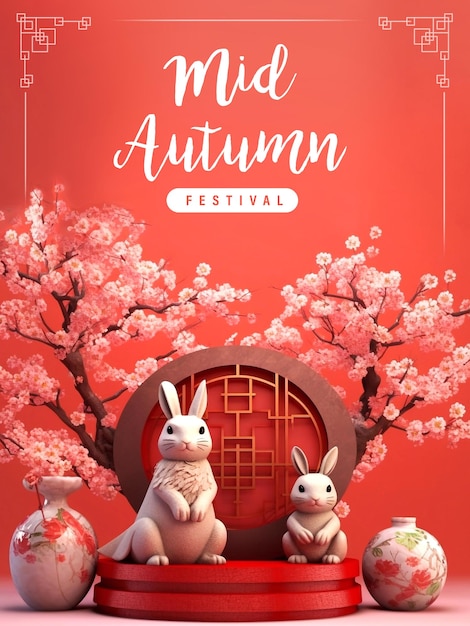 Psd bewerkbaar happy mid autumn festival met 3d realistisch schattig konijn en gebakken maancake