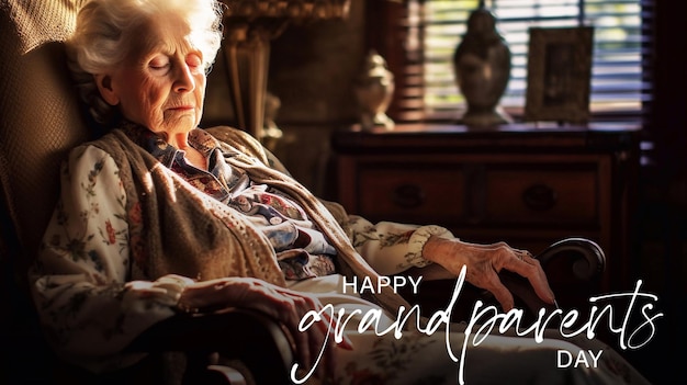 PSD psd bewerkbare happy grandparents day senior vrouw zittend in een schommelstoel