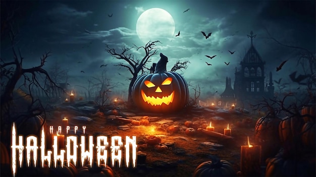 Psd bewerkbare pompoenen met oud kasteel en volle maan in de spooky night halloween-achtergrond