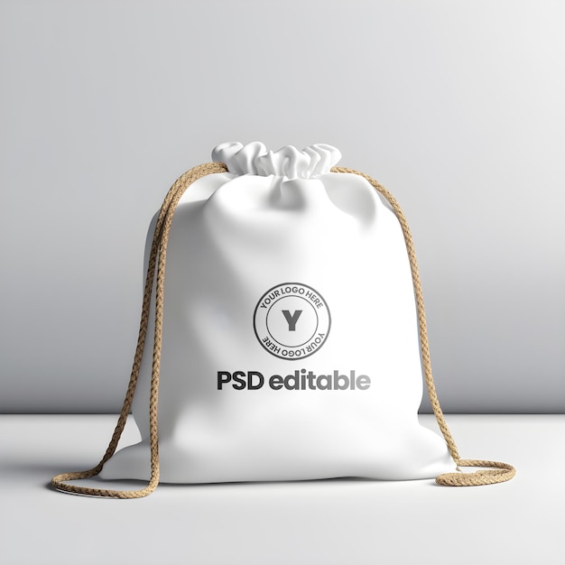 PSD bewerkbare witte tas met trekkoord en mockup van dun touw