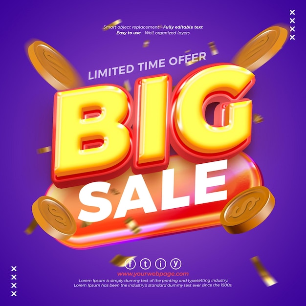 PSD psd big sale modern banner promotional with editable 3d style effect