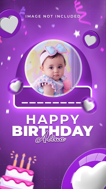 PSD Birthday greeting card social media post or Instagram stories template with photo frame