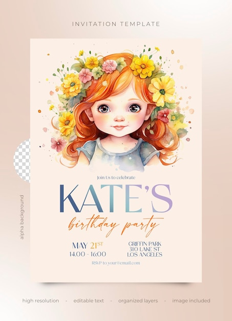 PSD psd birthday party invitation watercolor girl with flowers in hair