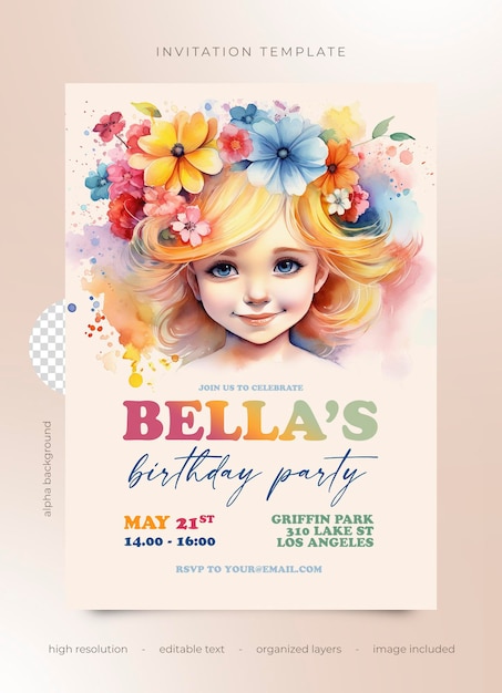 Invito a una festa di compleanno in psd ragazza ad acquerello con i fiori nei capelli