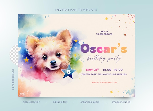PSD psd birthday party invitation watercolor puppy dog with stars pastel and rainbow colors