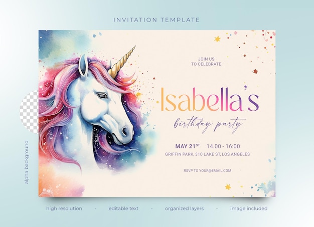 PSD psd birthday party invitation watercolor unicorn with stars pastel and rainbow colors