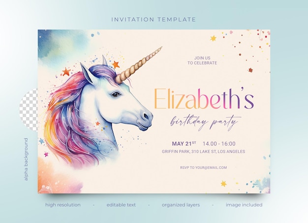 PSD psd birthday party invitation watercolor unicorn with stars pastel and rainbow colors