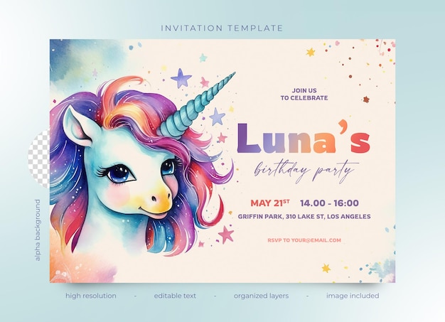 Invito alla festa di compleanno psd unicorno acquerello con stelle pastello e colori dell'arcobaleno