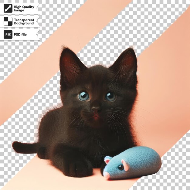 PSD psd black cat with mouse toy on transparent background