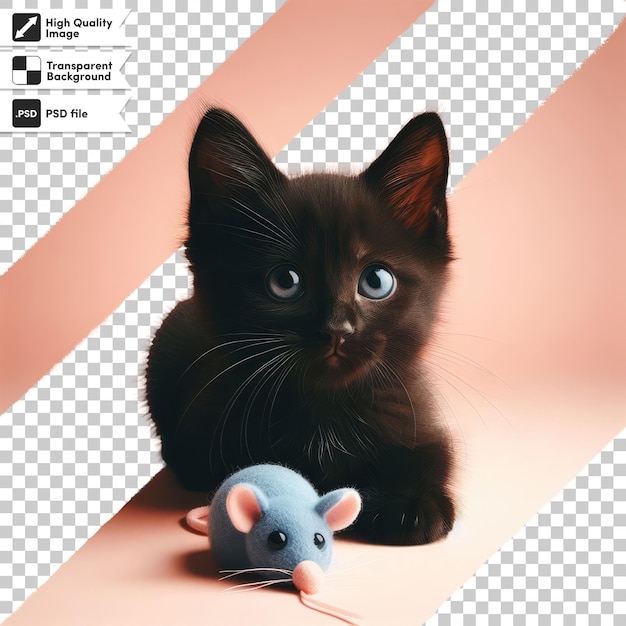Psd gatto nero con mouse giocattolo su sfondo trasparente