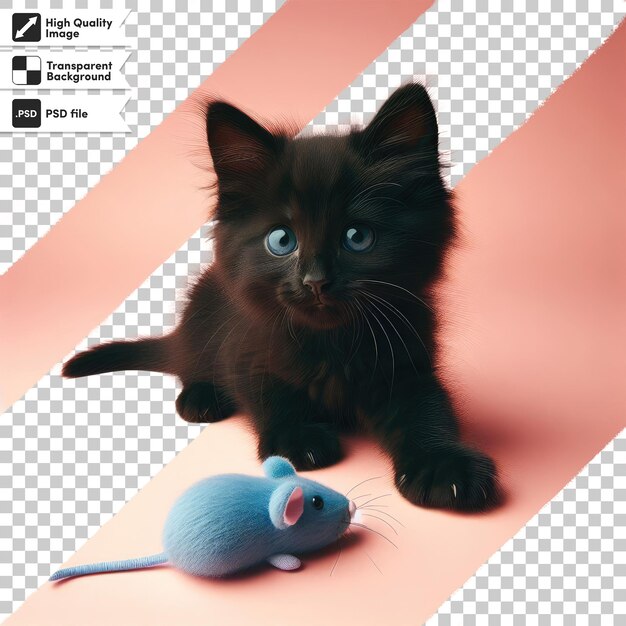 PSD psd black cat with mouse toy on transparent background