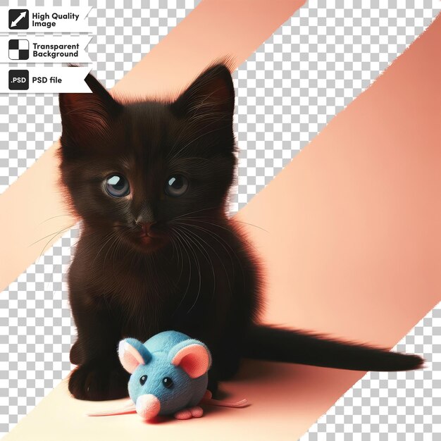 PSD psd black cat with mouse toy on transparent background