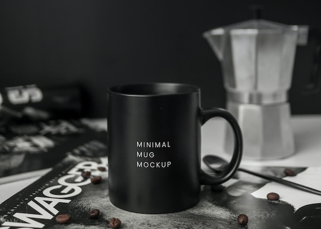 PSD psd black ceramic mug mockup with coffee beans