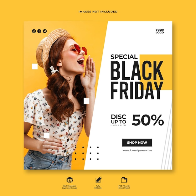 PSD modello di banner quadrato per social media moda psd black friday