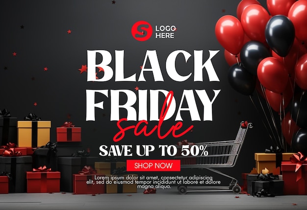 PSD black friday sale banner template and background design with black friday balloons