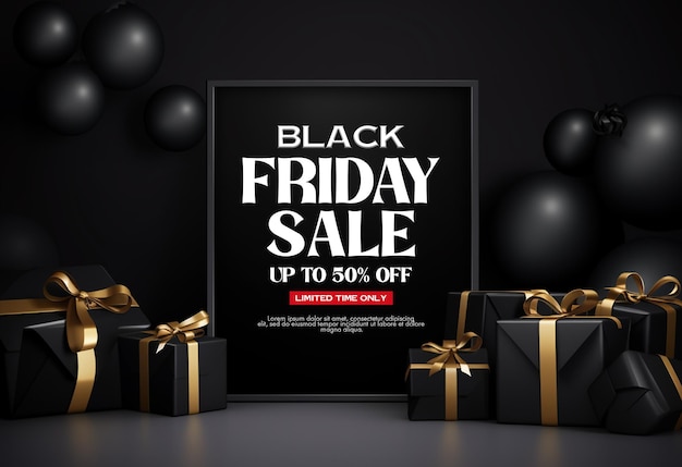 Psd black friday sale banner template and background design with black friday balloons