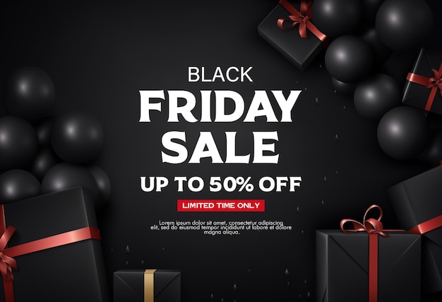 PSD black friday sale banner template and background design with black friday balloons