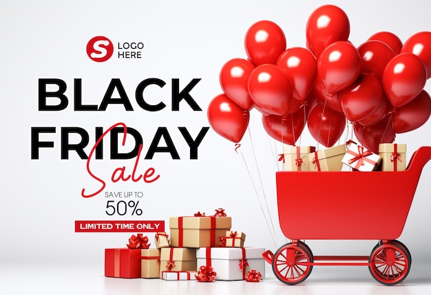 Psd black friday sale banner template and background design with black friday balloons