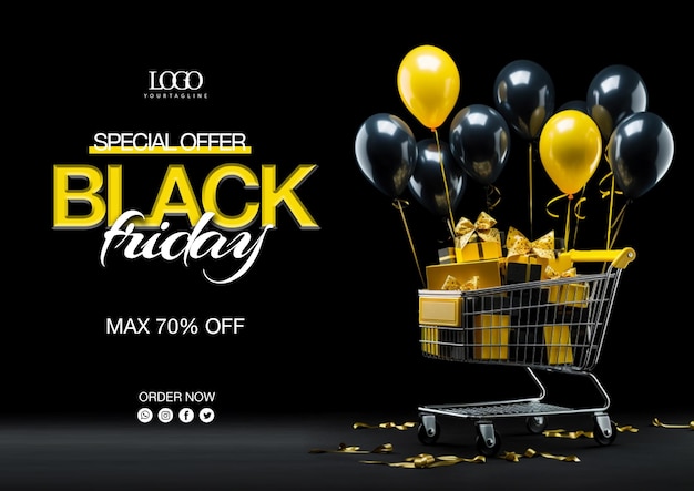 PSD black friday sale banner template with 3d gifts and balloons