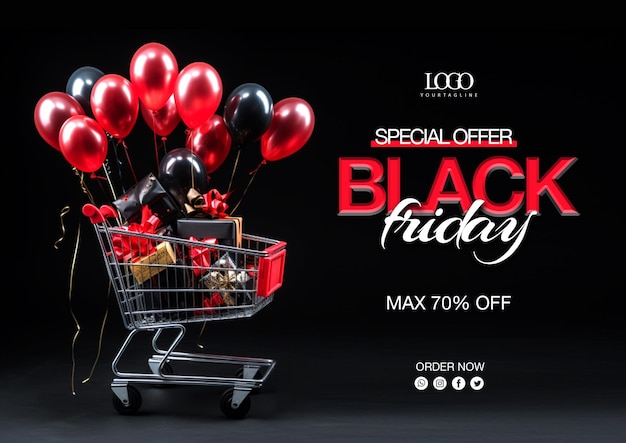 PSD psd black friday sale banner template with 3d gifts and balloons