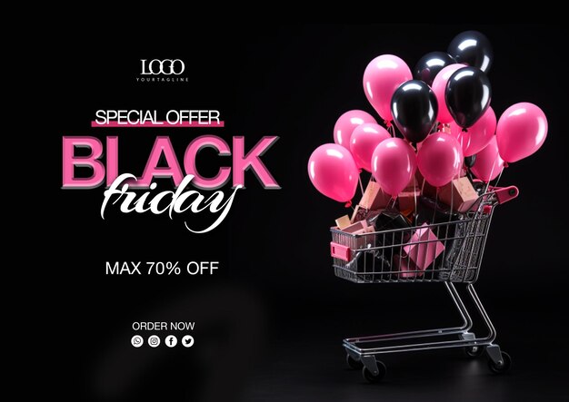 PSD black friday sale banner template with 3d gifts and balloons
