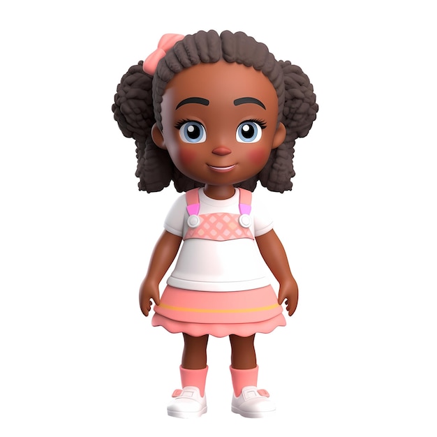 Psd black girl animated character cartoon style in pink skirt and tshirt with curly hair kid