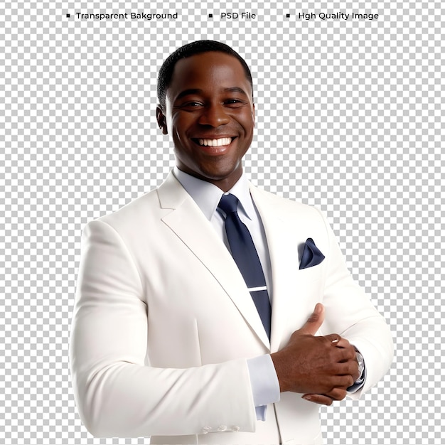 PSD psd black man in a white suit smiling transparent background