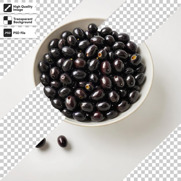 Psd black olives in a bowl on transparent background with editable mask layer