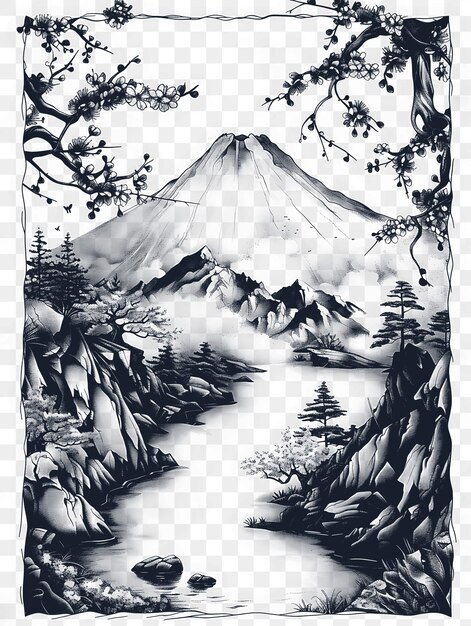 Psd black and white cnc landscape art prints and frames for modern decor tattoo ink tshirt design