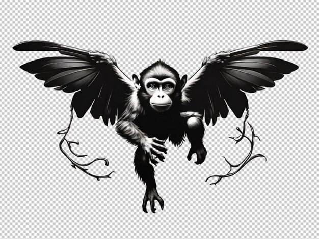 PSD psd of a black and white drawing logo of a monkey with wings