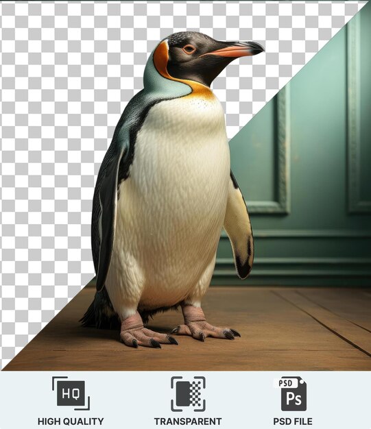 PSD psd a black and white penguin with an orange beak stands on a wooden floor against a green wall with a brown foot visible in the foreground