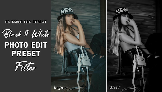 Filtro preimpostato per la modifica di foto in bianco e nero psd per il modello di banner di social media di moda