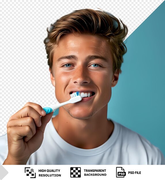 PSD psd blisko młodego białego mężczyzny szczotkującego zęby szczoteczką do zębów