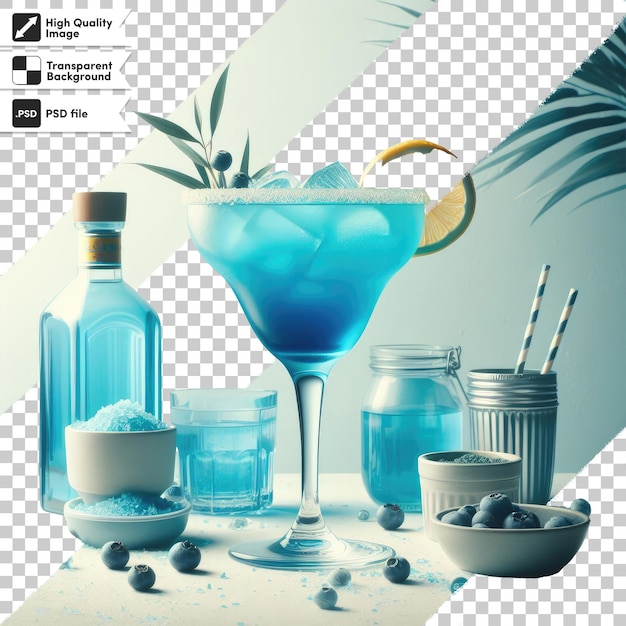 Psd blue cocktail with ice in glass on transparent background with editable mask layer